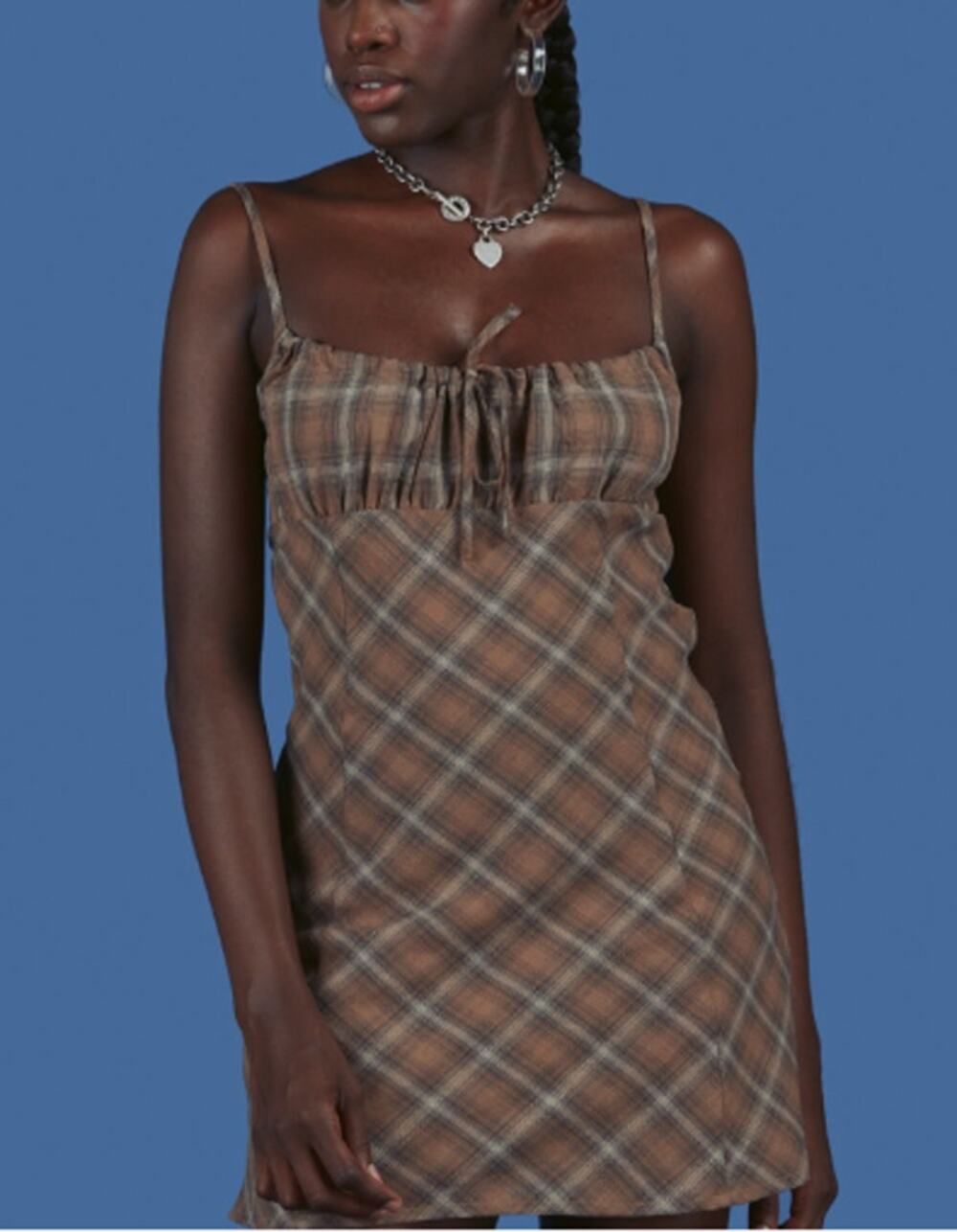 UNIF Biscuit Plaid Mini Dress XS Brown Sleeveless Scoop Neck Adjustable Strap